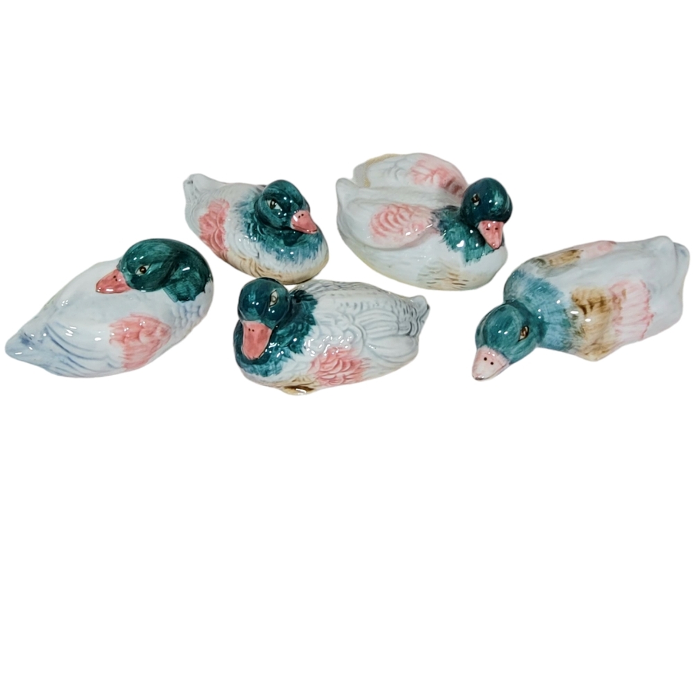 5 mini ceramic mallard ducks vintage decor hunting nature rustic figurines